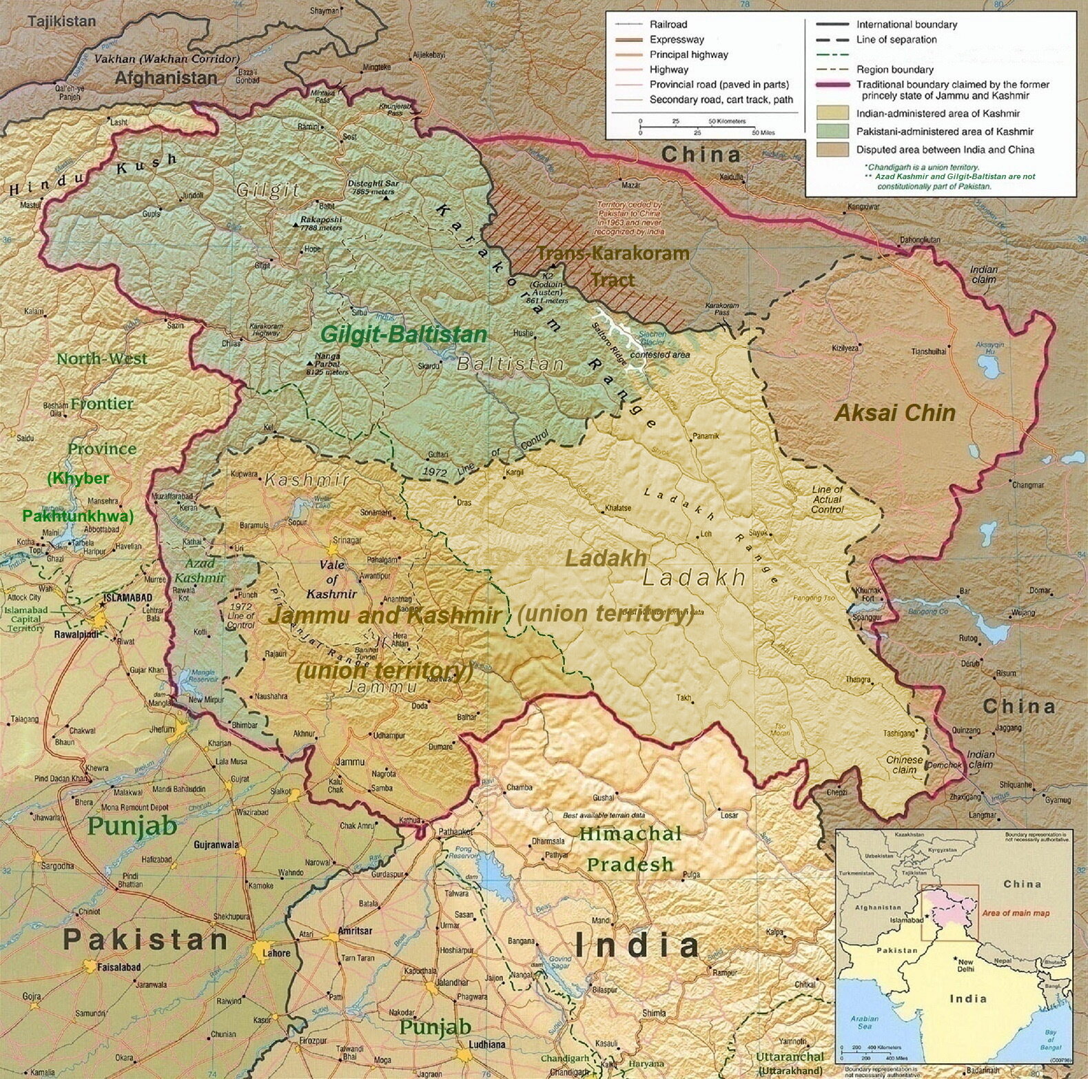 Political map of the Kashmir region as of November 2019, showing the Pir Panjal range and the Kashmir Valley or Vale of Kashmir, and Azad (Free) Kashmir.