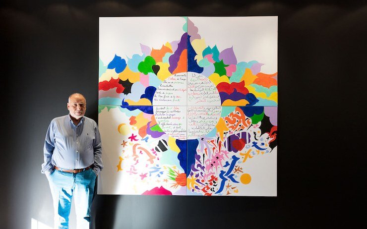 Tahar Ben Jelloun with his quadriptych,&nbsp;displayed at the Institut du Monde Arabe in Paris.