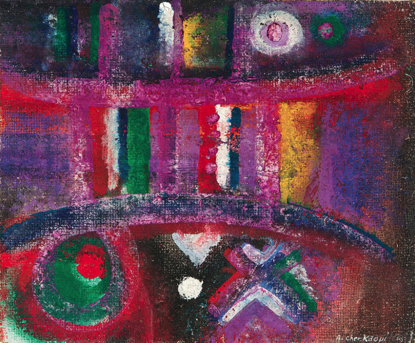 Ahmed Cherkaoui (Boujad, Morocco, 1934–Casablanca, Morocco, 1967), 'Les miroirs rouges (Red Mirrors).' Oil on jute; 1965.