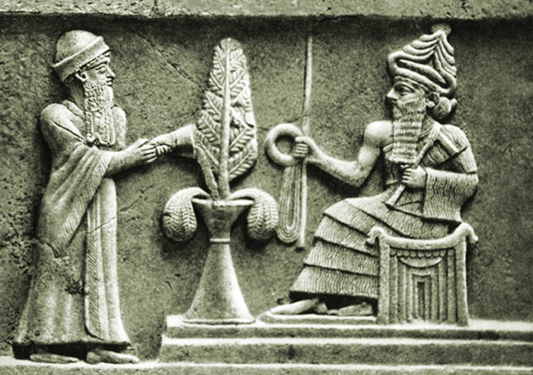 Ur-Nammu standing before the seated Enlil, sower of droughts.