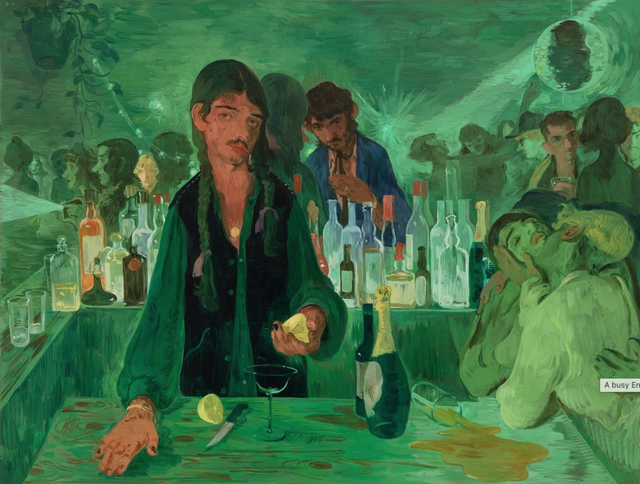 Salman Toor, The Bar on East 13th Street, oil on panel, 36x48 inches, 2019 (courtesy of the artist)