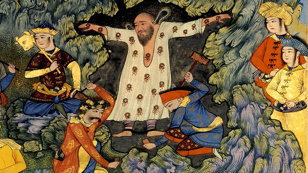 Zahhāk is nailed to the walls of a cave. Detail of an illustration from Baysonghori Shāhnameh of Shāh Tahmaāsp (courtesy Wikimedia Commons).