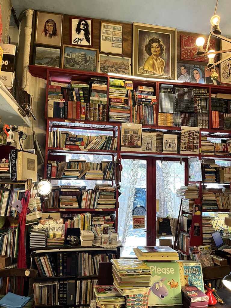 Stacks of books in Arabic, English and French surround the entrance of Halabi Bookshop in the Qasqas neighborhood of Beirut.