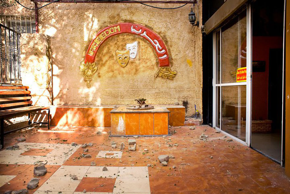 the freedom theatre courtyard after a previous The Jenin Freedom Theater after a previous Israeli army attack photo- Emily Smith
