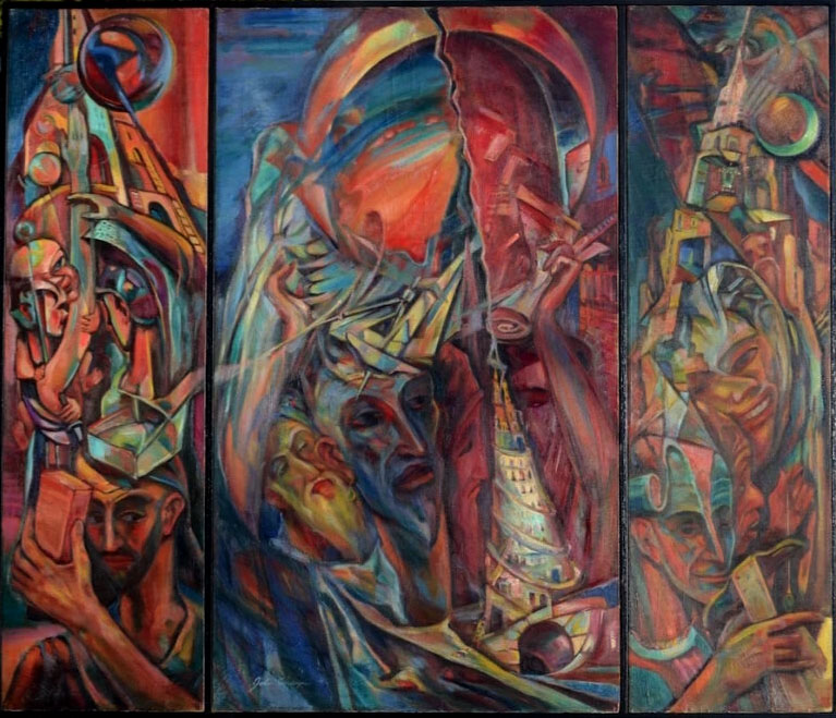 john shayn tower of babel triptych oil on canvas 99x127cm