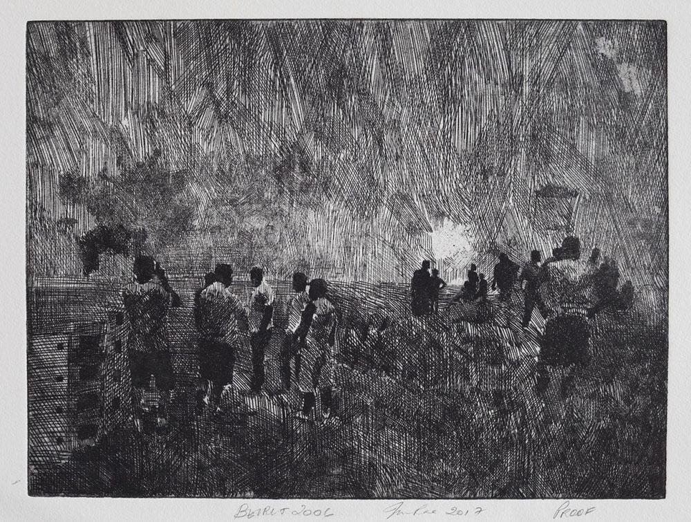 July War 2006 (Beirut, men on hill), 2006etching, 37 x 42