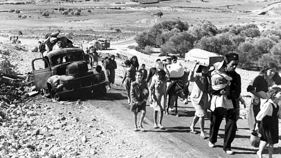 Palestinians walking from Jerusalem to Lebanon in 1948. Photo: Jim Pringle/AP