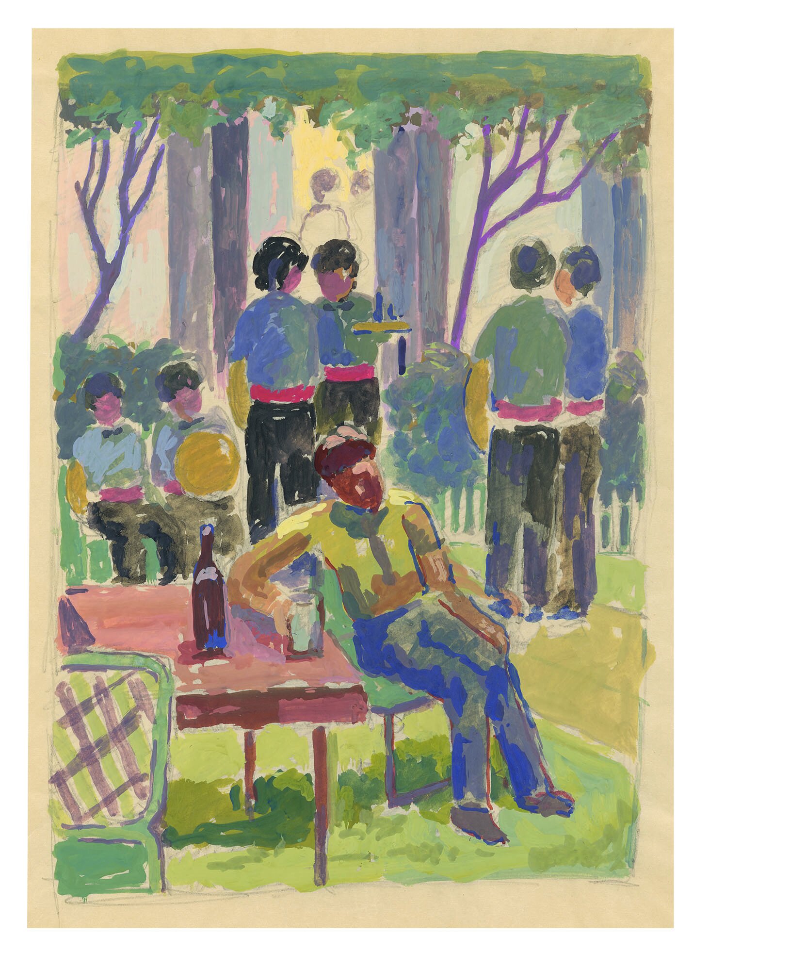 Hafidh al-Droubi, Drunken Friend in the Alwiya Club Garden , 1976. Watercolor on paper. H: 55 cm W: 22 cm. Reproduced by permission of the estate of the artist.