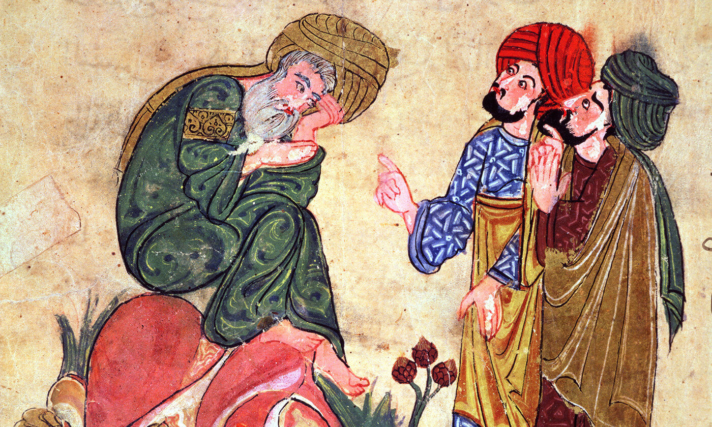 Excerpt from Stranger Fictions: A History of the Novel in Arabic Translation by Rebecca C. Johnson - [Illustration: Socrates and his Students, illustration from ‘Kitab Mukhtar al-Hikam wa-Mahasin al-Kilam' by Al-Mubashir, Turkish School, (13th c) Photo by Bridgeman]