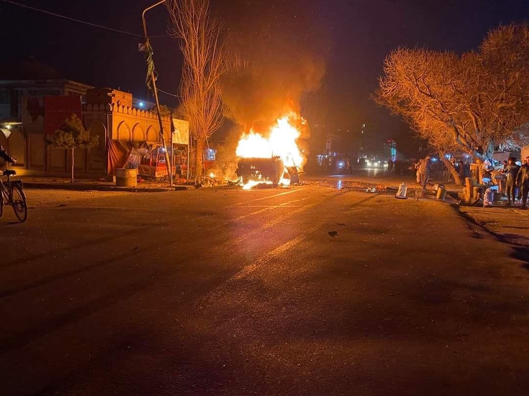 A car bomb destroyed this vehicle in Kabul on March 14, 2021 (photo courtesy of Enikass Radio and TV).