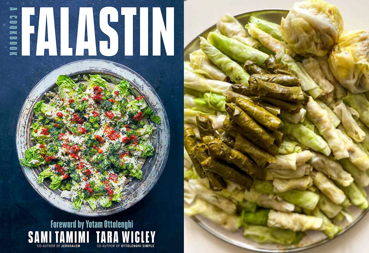Falastin: a Cookbook and an example of malfuf, Palestinian stuffed cabbage leaves, decorated with warak enab.