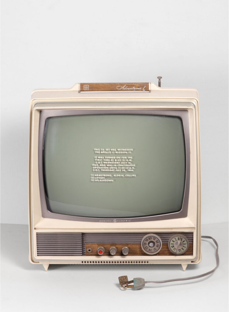 Fig. 8: Moon Landing by Siah Armajani (b. 1939, Tehran), 1969, stencilled television, lock, and ink on five double-sided sheets of newsprint. Photograph by Larry Marcus. Courtesy of the artist and the Walker Art Center.