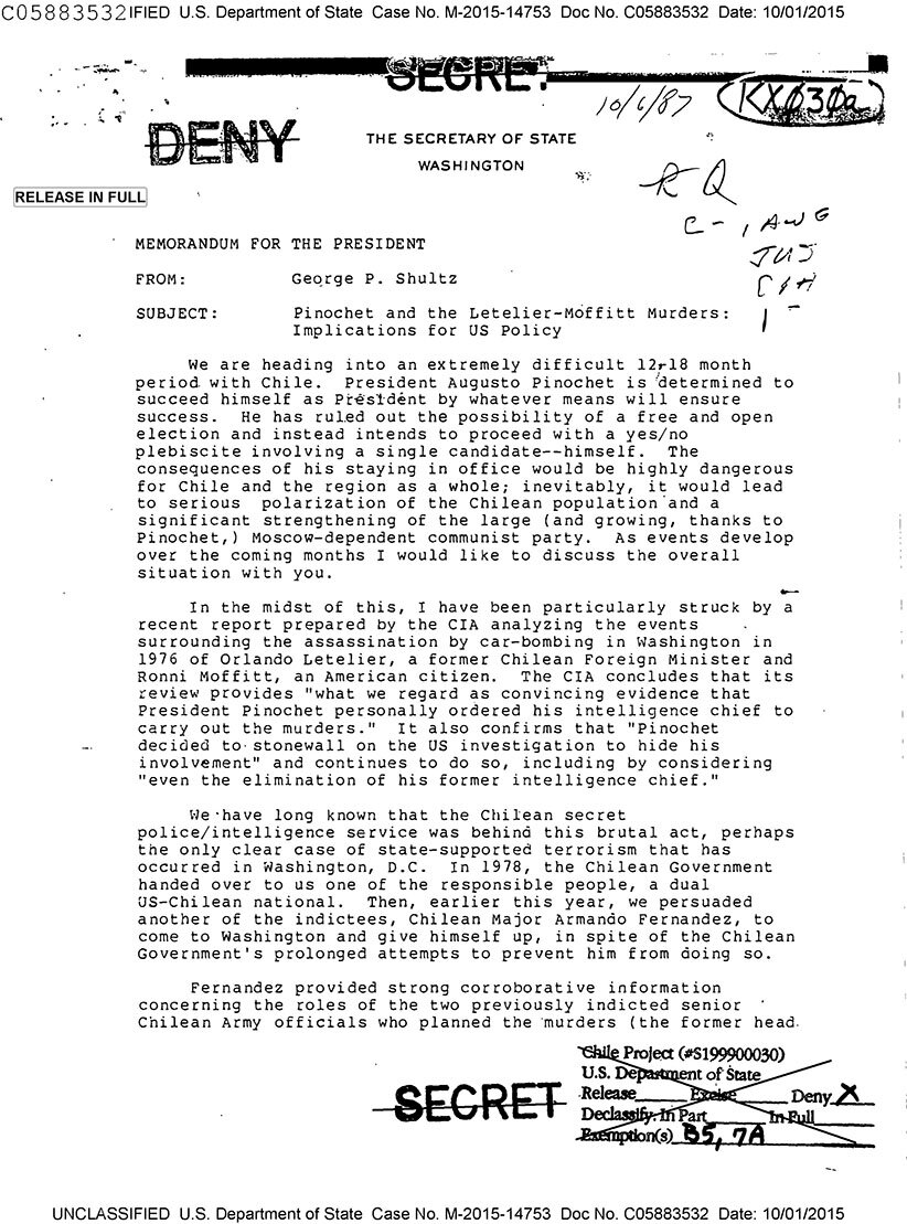 The declassified memo obtained by the author reveals that George Schultz knew of US government complicity in the assassination of Orlando Letelier, long before revealed to the public.
