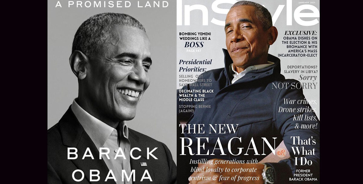 The first volume of Barak Obama's memoirs,  A Promised Land , contrasts with a satirical magazine cover of his true presidential record.