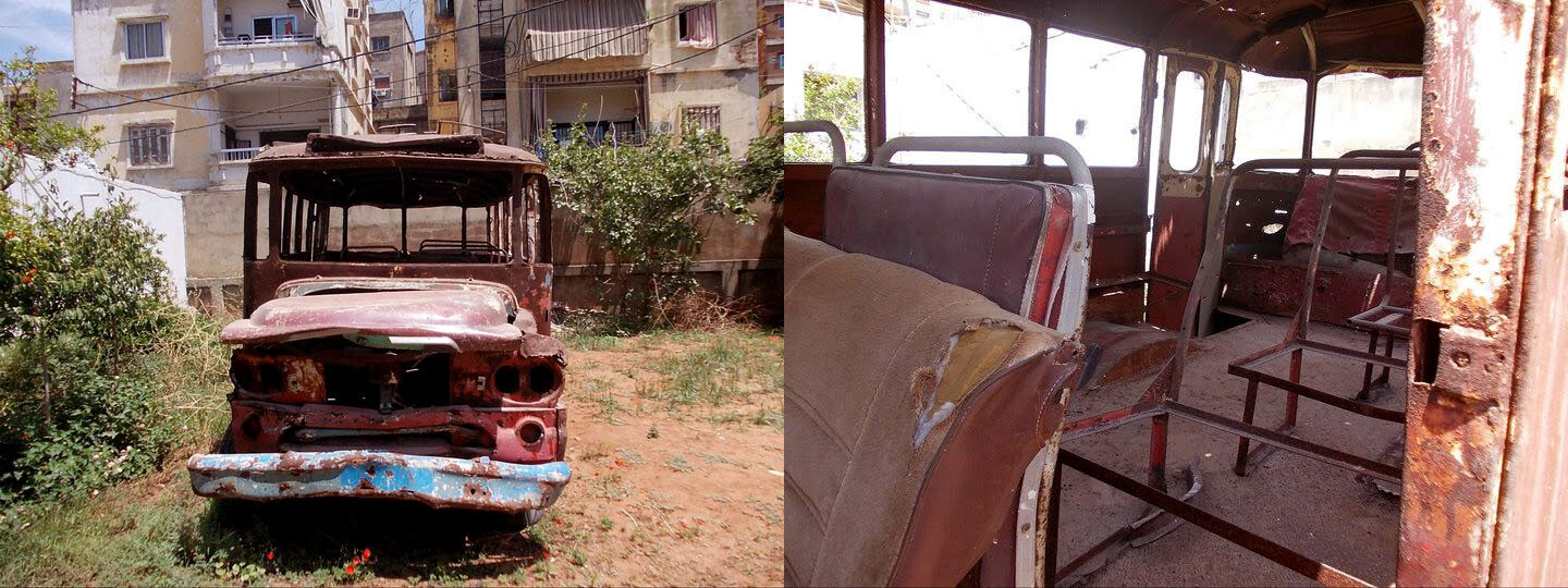 بقايا الحافلة في مذبحة عين الرمانة التي يعتقد الكثيرون أنها أطلقت الحرب الأهلية في لبنان، 1975-1990 (الصورة مقدمة من كلير لونشبري).
