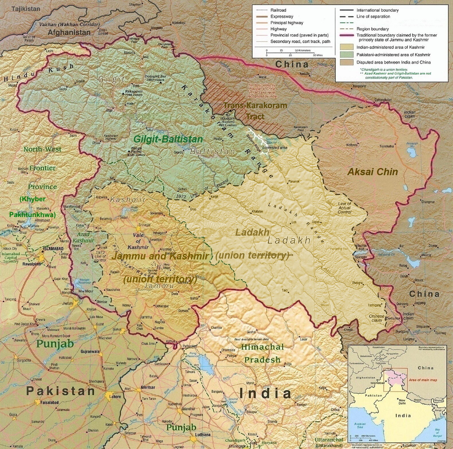 Political map of the  Kashmir  region as of November 2019, showing the Pir Panjal range and the Kashmir Valley or Vale of Kashmir, and Azad (Free) Kashmir.