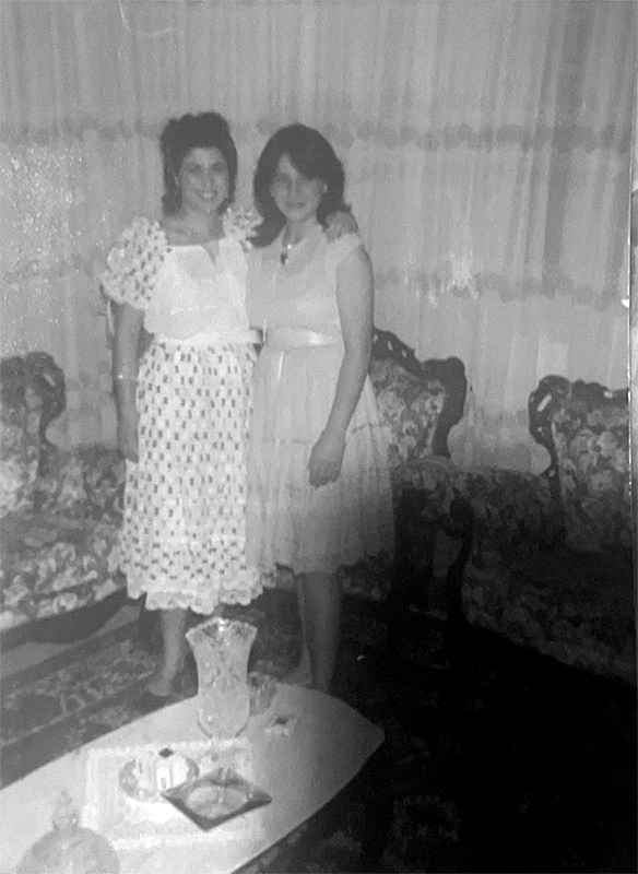 Manal (l) in her Salon, Gaza City, 1980s.
