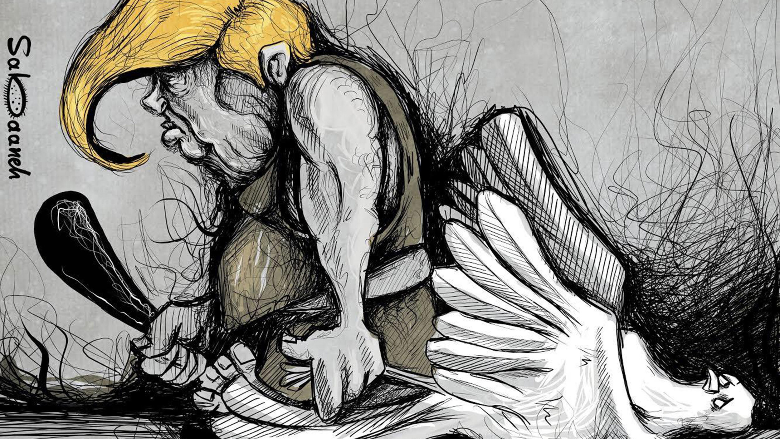 Trump destroying American democracy, by Palestinian cartoonist Mohammad Sabaneeh