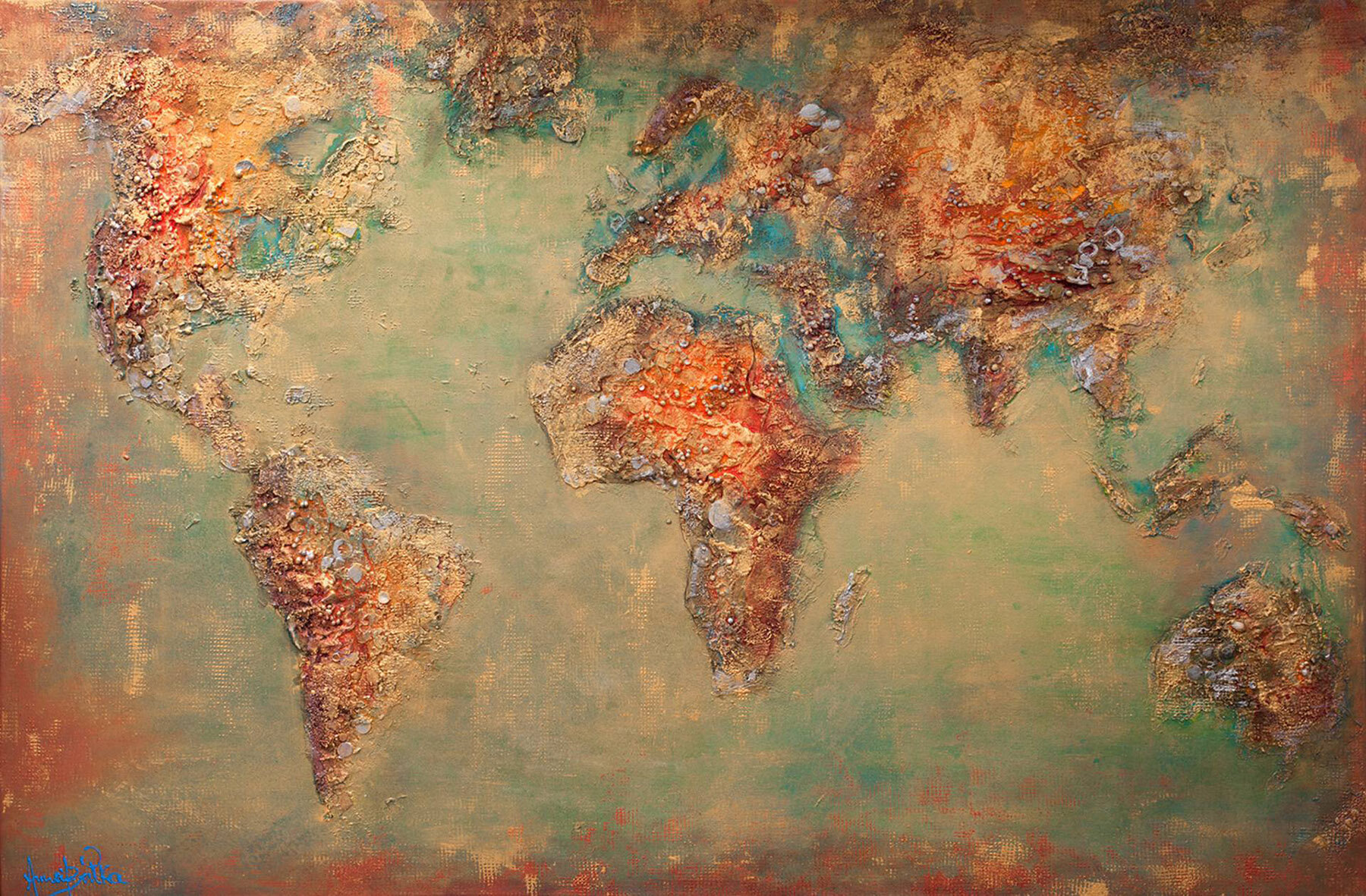 World map, textured acrylic abstract by artist Anna Marija Bulka (courtesy  Saatchi Art )