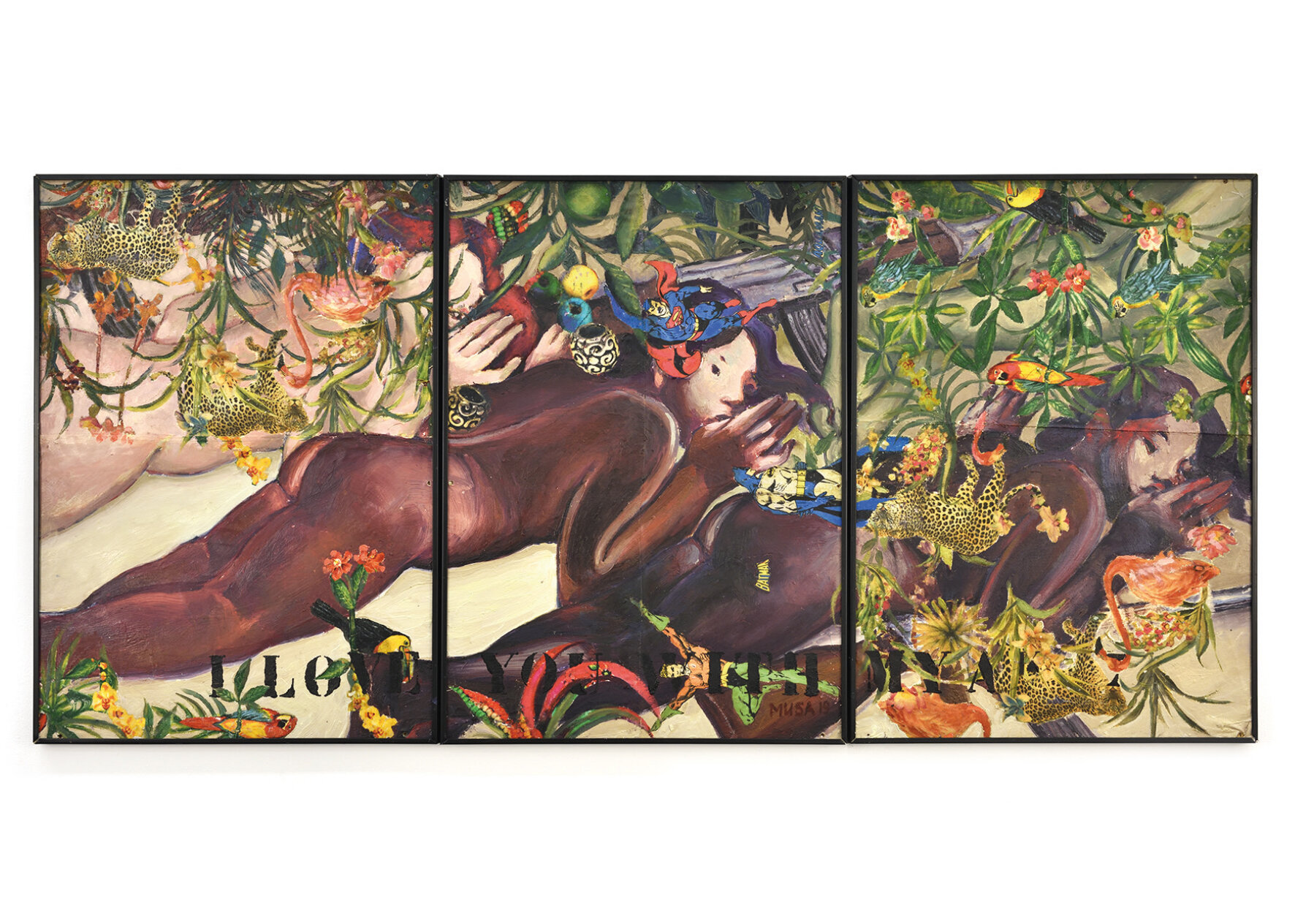 I love you, 3 femmes (d'après Gauguin), 2019 – Huile et textile sur bois – 70 x 150 cm
