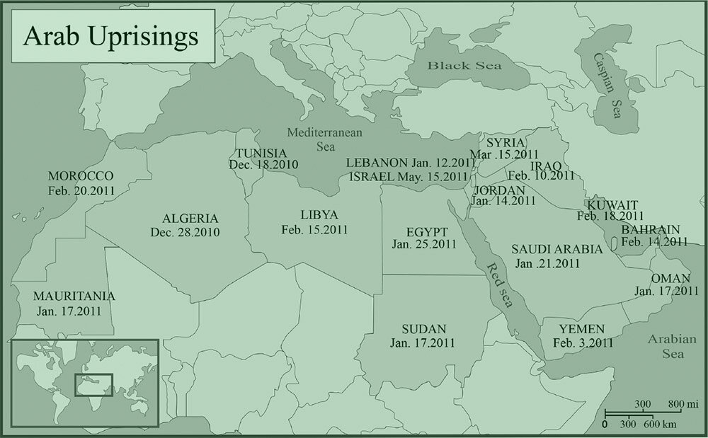 Mapa por cortesía del Historical Dictionary of the Arab Uprisings de Aomar Boum y Mohamed Daadaoui, en el que los autores señalan: 