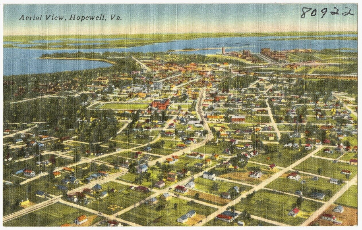 Tarjeta postal de época con una vista aérea de Hopewell, Virginia.