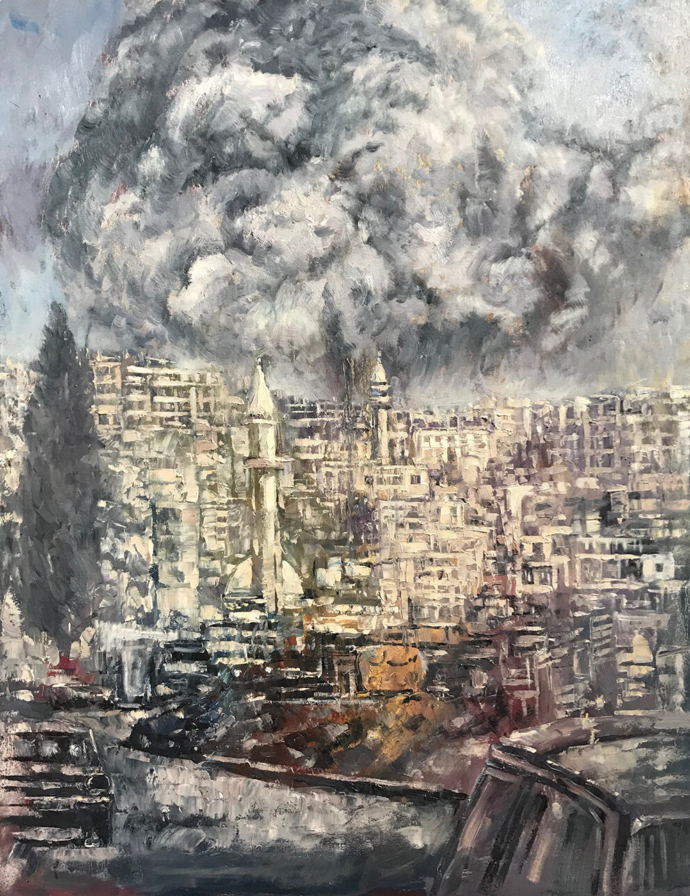 Israeli bombing of Saida 1982, oil on canvas, 100cm x 80cm.jpeg (courtesy Tom Young)