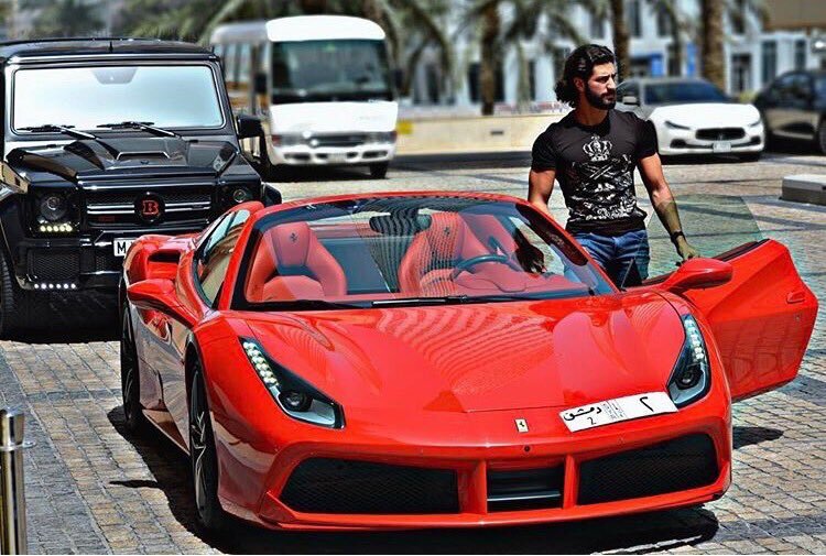 Rami's son Mohammed Makhlouf with his Ferrari in Dubai.