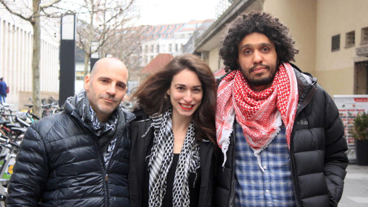 #Humboldt3 BDS activists Ronnie Barkan, Stavit Sinai and Majed Abusalama, in Berlin in 2019 (Photo Andreu Jerez, courtesy Truthout)
