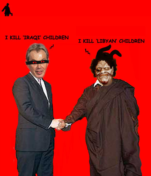 Los asesinos de niños Tony Blair y Mouammar Qaddafi