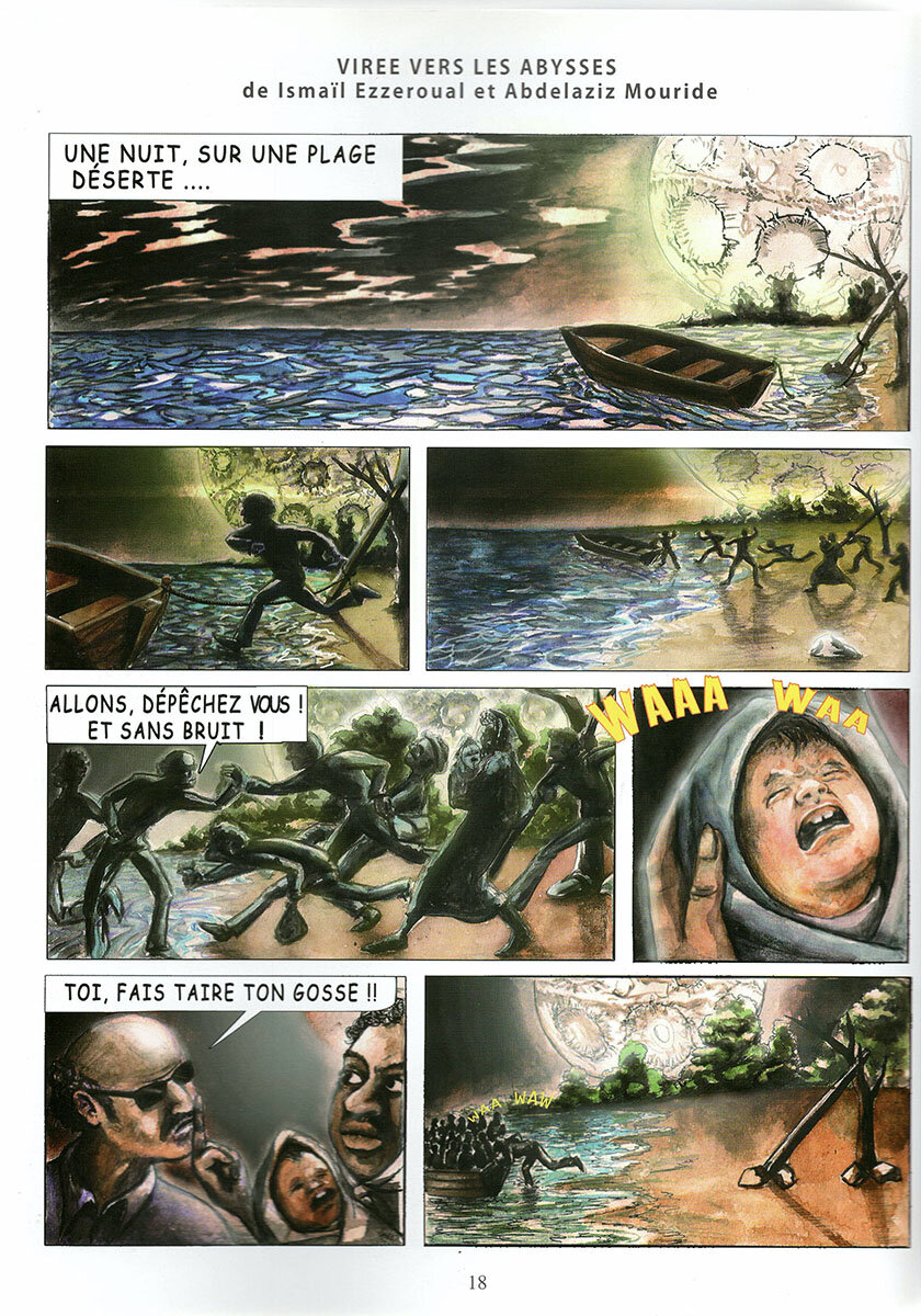 “Journey to the Abyss” (of illegal migration), a collaborative comic strip between master cartoonist Abdelaziz Mouride and his student, Ismaïl Ezzeroual
