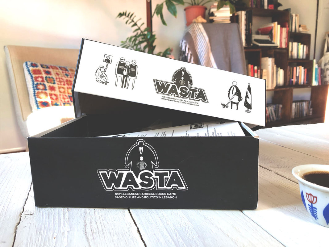 Wasta  is a Lebanese satirical board game based on life and politics in Lebanon, created by Elie Kesrouany from  On Board . and illustrated by Bernard Hage. Available in Arabic and English, order it via Instagram  @onboard.lb .