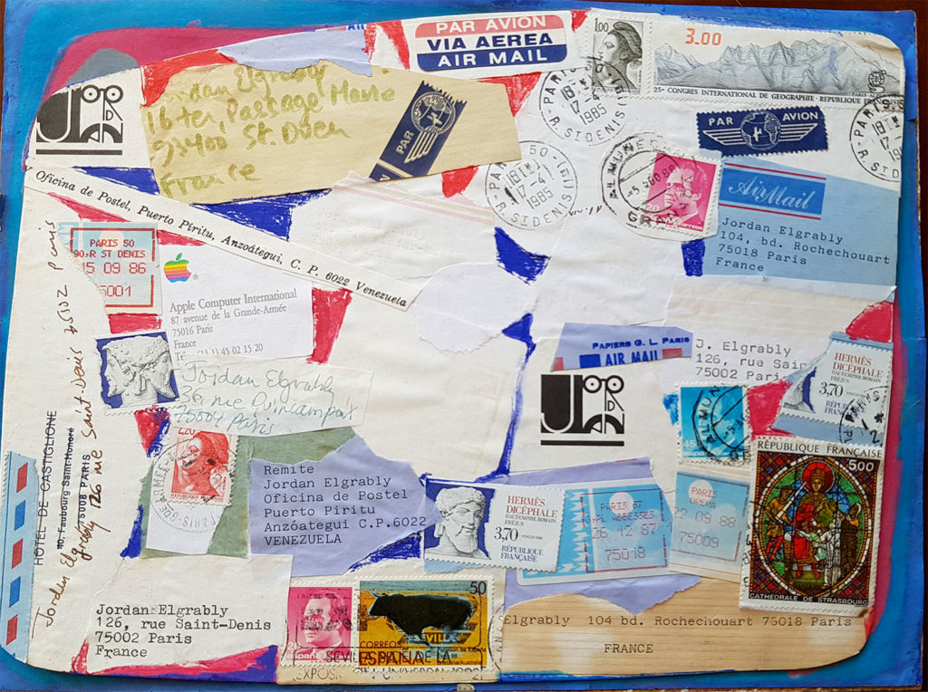 Collage by Tai Moses composed of return addresses from her brother, Jordan Elgrably, sending letters par avion.