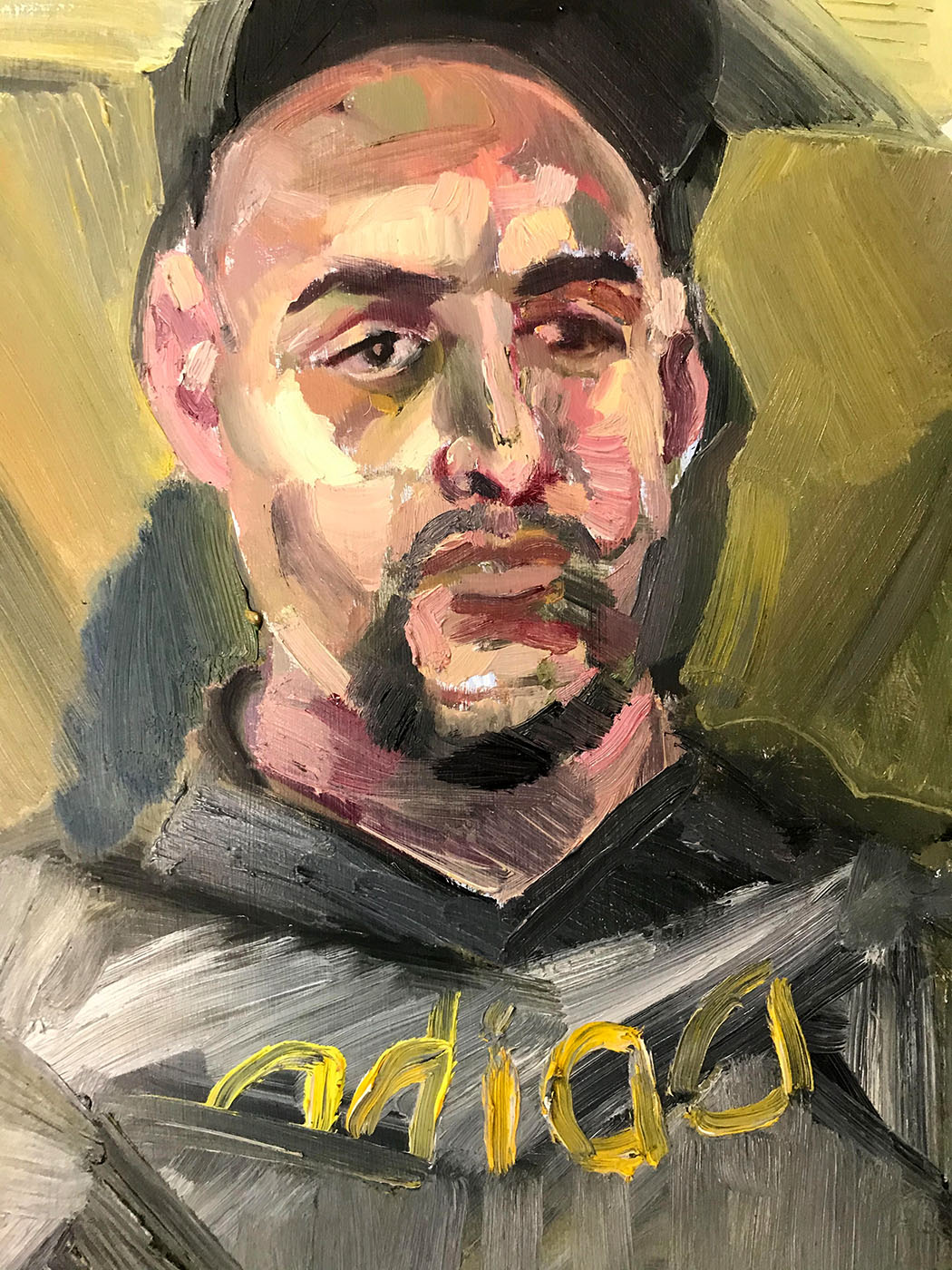 Close-up on Selim, the artist's brother, oil on wood, 2022.