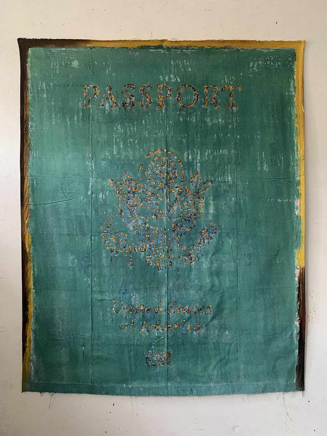 Green passport, 56x45 in, mixed media on canvas, 2022.
