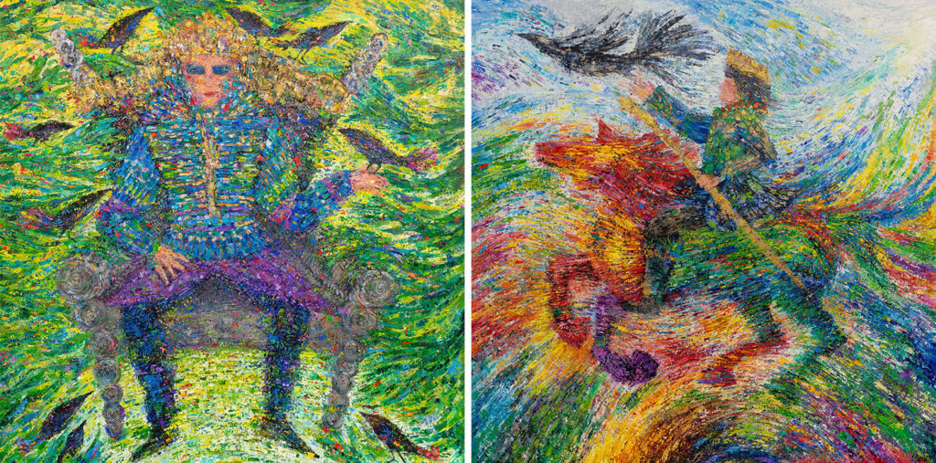 "My Forgiven Game Of Love," mixed media on canvas, 180 x 200 cm (2019) and "To Conquer Love," mixed media on canvas, 200 x 200 cm (2019) by Roshanak Aminelahi (courtesy of the artist).