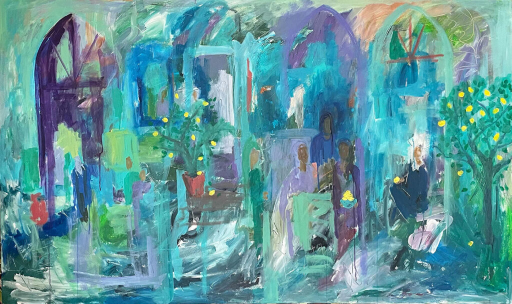Reem Mouasher, "Lemon Alley," acrylic and pastel on canvas, 120x200, 2021 (courtesy of the artist).