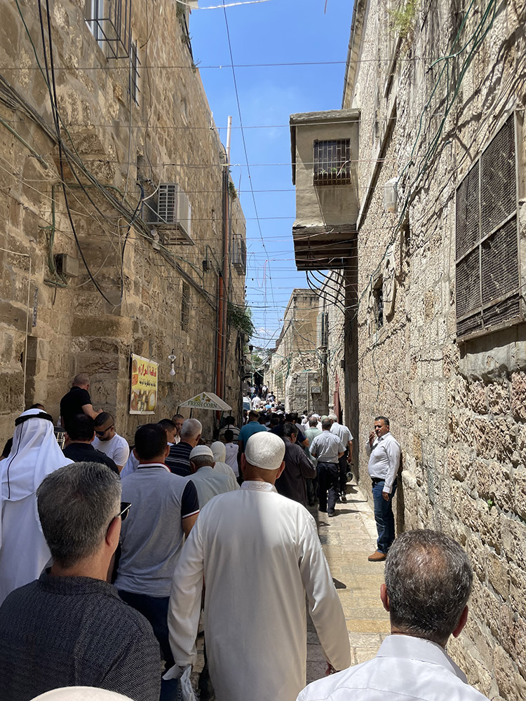 To Friday prayer at the Dome of the Rock mosque, Hutta neighborhood, Old City