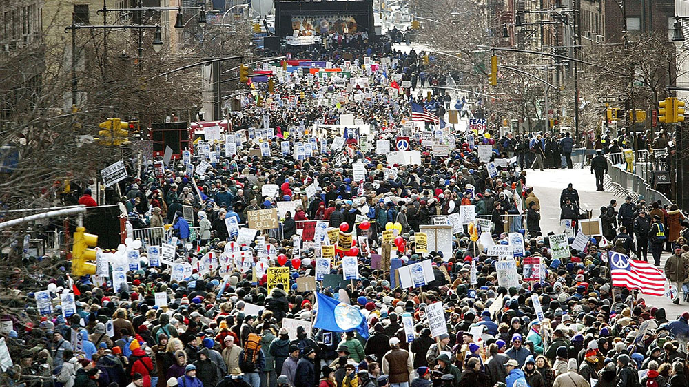 A protest against the impending Iraq War in New York City in February 2003 (photo Mario Tama)