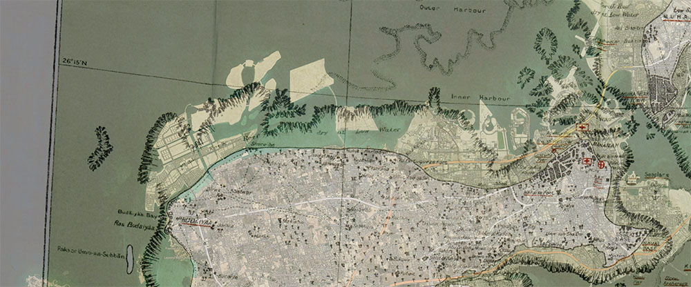 Bahrain map overlay shows the north coastline in 1937 against the modern coastline and new islands. The original coast has been developed beyond recognition (courtesy Ali Al-Jamri).