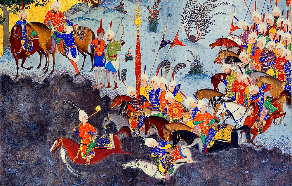 Ferēydūn, Kāveh and his followers on the way to Zahhāk’s palace. Detail of an illustration from the Shāhnameh of Shāh Tahmaāsp Google Art Project