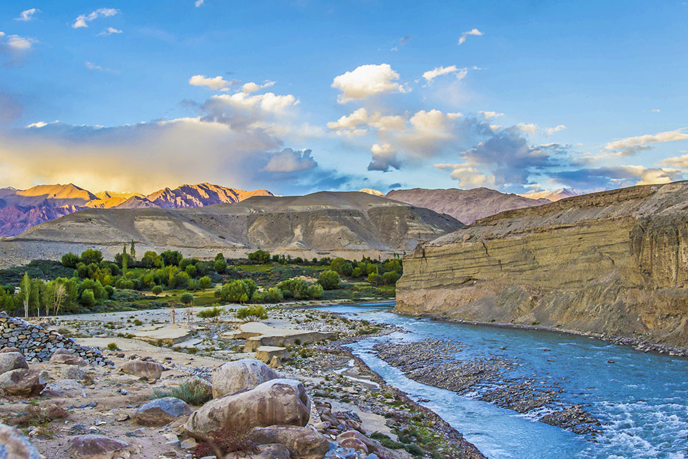 Indus river in Leh valley near town of Leh 