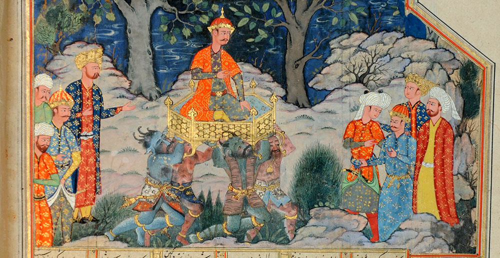Jamšid on his throne carried by deevs. Detail of an illustration from a manuscript of the Shāhnameh Royal Collection Trust