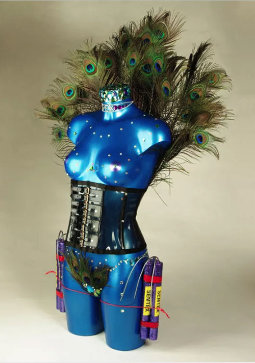 Laila ShawaDisposable Bodies 5, Paradise Now Plastic, rhinestones, Swarovski crystals, Peacock feathers and wire, height 88 cm., 2012