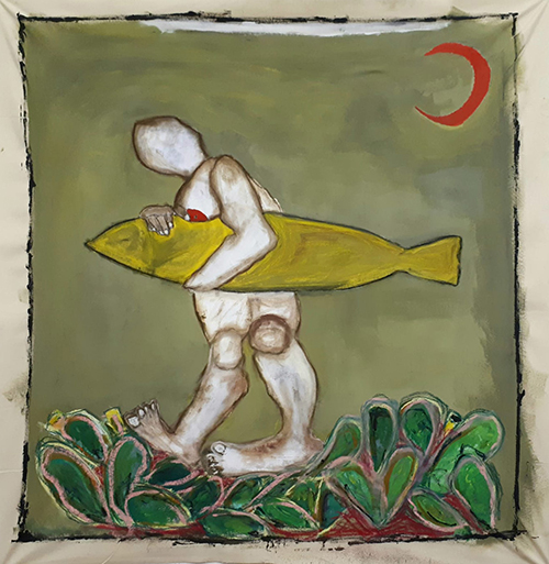Nasrin Abu Baker, Women, Cactus, Fish, Red Crescent, 2018, Acrylic on canvas, 160X160 cm licence infos