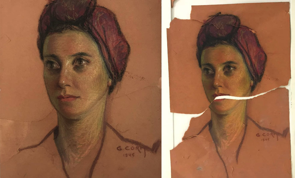 Portrait by Georges Daoud Corm’s portrait of Marie Bekhyt Corm before and after Beirut port explosion of 2020