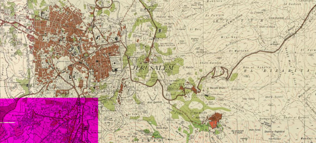 pre-1948 map of Jerusalem, composite in Maps of Defiance, Phantom Limb show, 2020, Art Jameel