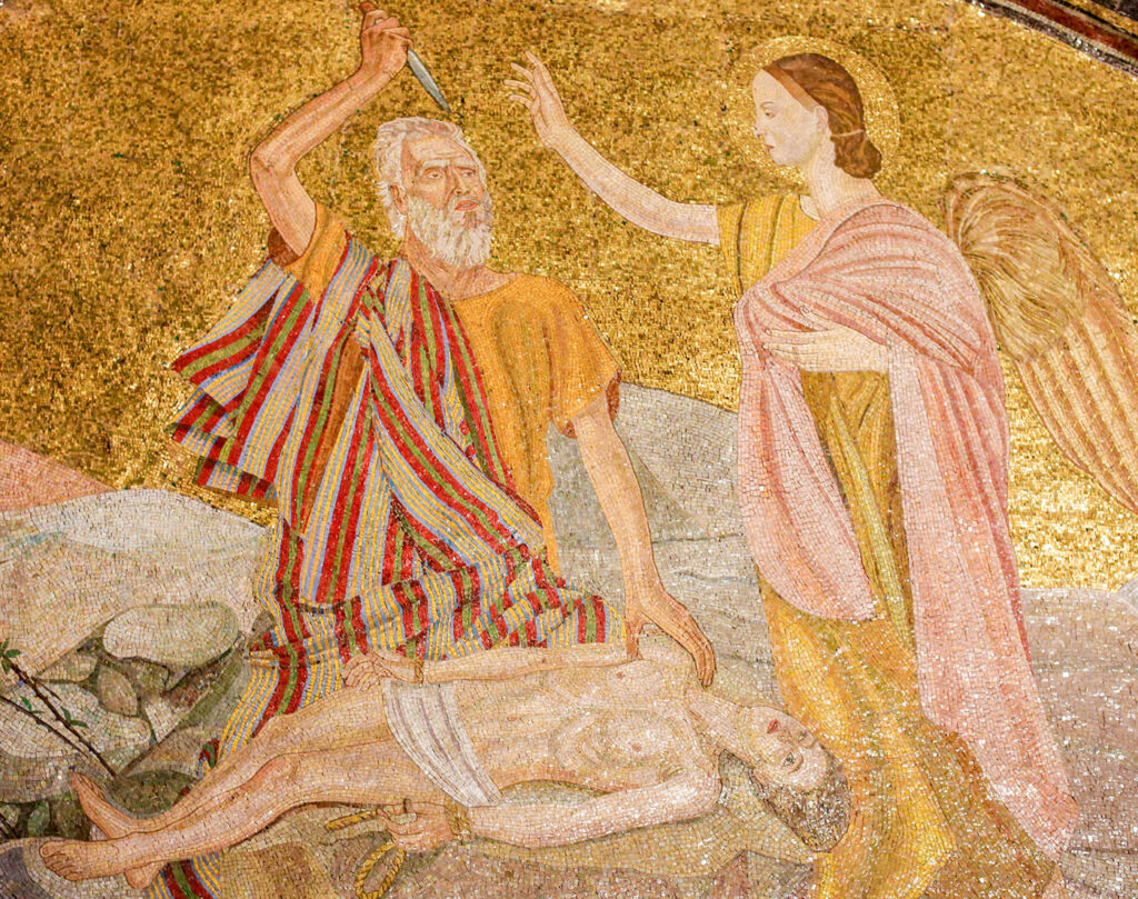 Mosaic in the Church of the Holy Sepulchre in Jerusalem depicting Abraham and the Binding of Isaac sacrifice photo jorisvo