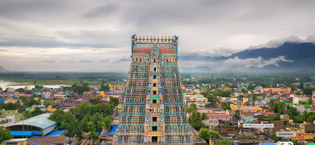 The Srivilliputhur Andal temple is found in Srivilliputhur, a town in Virudhunagar district in the South Indian state of Tamil Nadu, 80 km from Madurai.