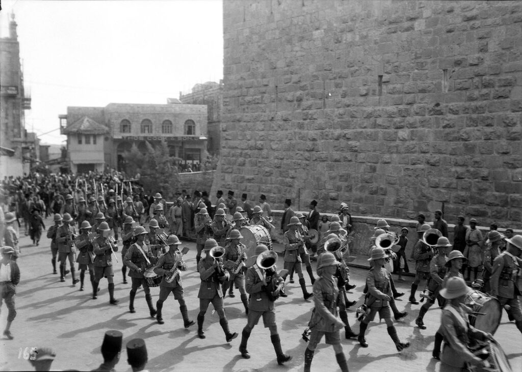 Palestine disturbances 1936. British troops parading Jerusalem street, taken inside Jaffa Gate_1936 photo courtesy wiki commons